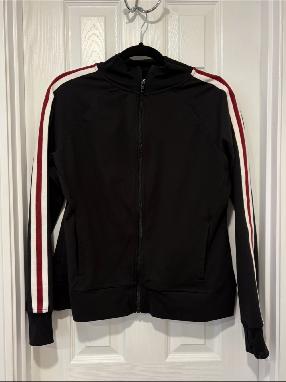 Athletic Works Black Zip Jacket with Red and White Sleeve Stripes